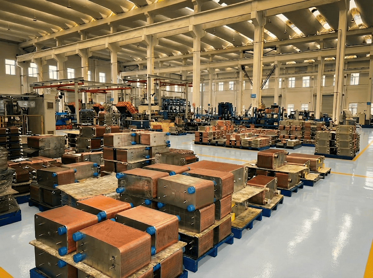 A compact brazed plate heat exchanger held in a hand